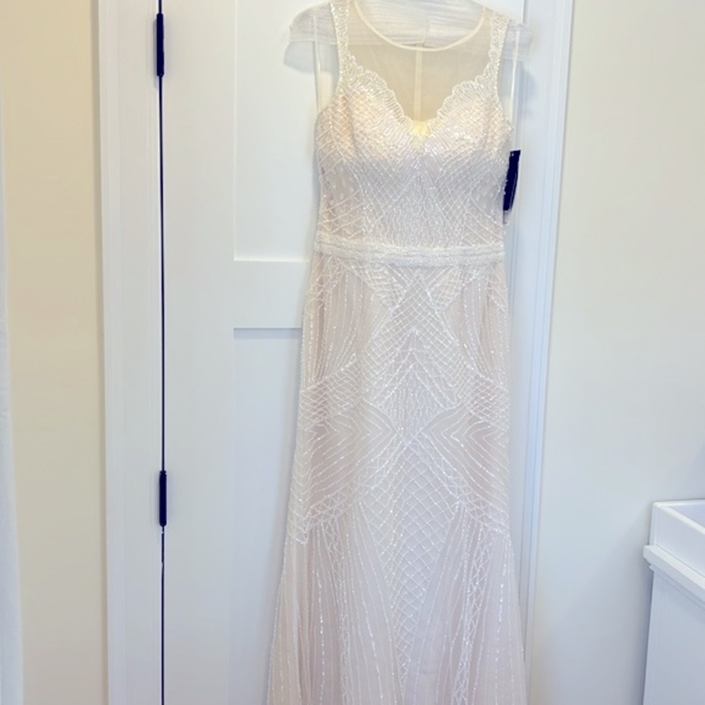 Basix Black Label Mesh Embellished Beaded Dress Gown NWT Color Ivory Size 4 - Picture 3 of 16